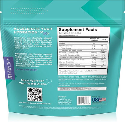Electrolyte Powder Sugar-Free Hydration Packets Acai Berry HydroMATE 16 Sticks