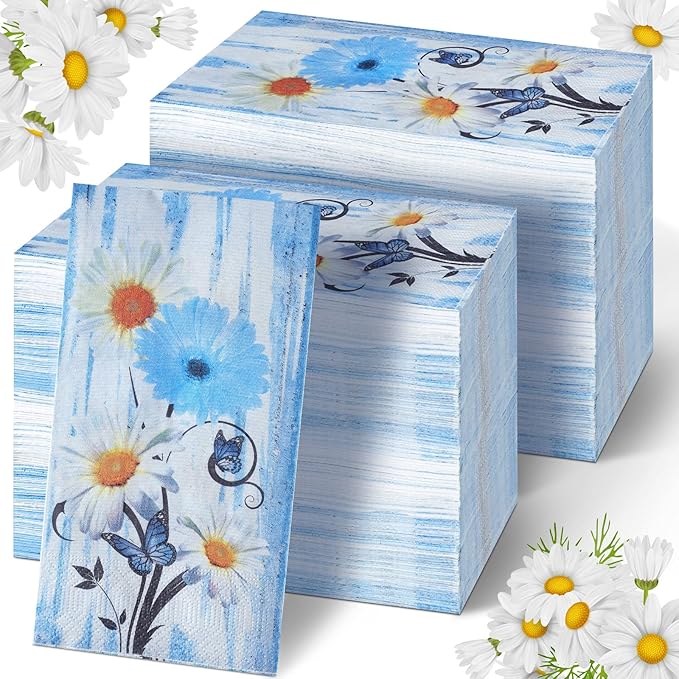 Karenhi 200 Pcs Blue Floral Napkins 2 Ply Daisy Disposable Hand Towels for Bathroom Flower Disposable Napkins Summer Decorative Disposable Napkins Paper Hand Towel for Baby Shower Birthday Party