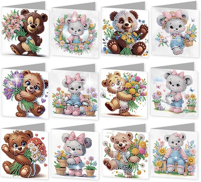 jinglinhh 12pcs Diamond Art Painting Flower Bear Greeting Cards with Envelopes, DIY Card Making Kits for Adults, Diamond Art Christmas Cards for Birthday Holiday Postcards Craft Gifts