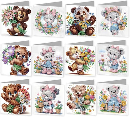 jinglinhh 12pcs Diamond Art Painting Flower Bear Greeting Cards with Envelopes, DIY Card Making Kits for Adults, Diamond Art Christmas Cards for Birthday Holiday Postcards Craft Gifts