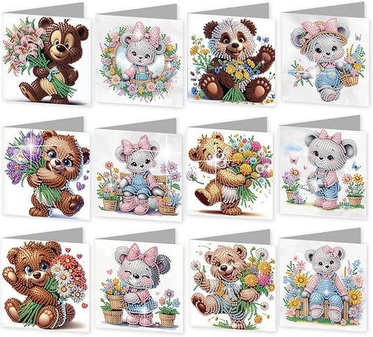 jinglinhh 12pcs Diamond Art Painting Flower Bear Greeting Cards with Envelopes, DIY Card Making Kits for Adults, Diamond Art Christmas Cards for Birthday Holiday Postcards Craft Gifts