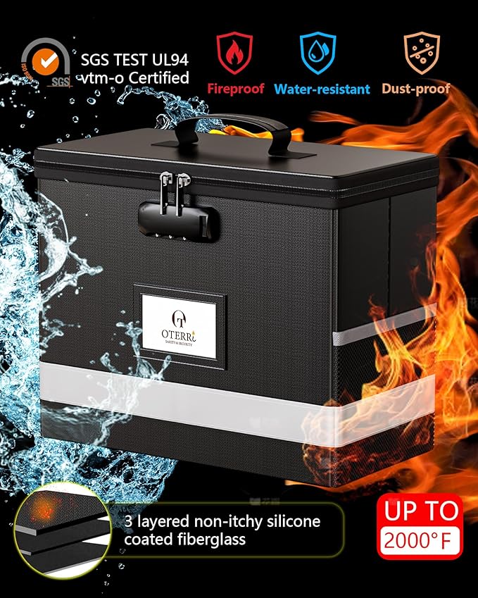 Oterri 2 Pack Fireproof Document Box With Lock, Portable File Safe Box Fireproof Waterproof For Letter Files, Collapsible Fireproof File Box With Handle Black
