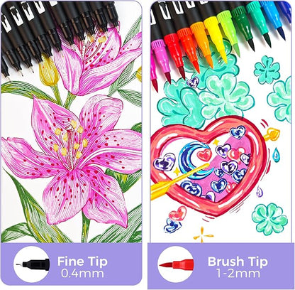 Artecho 24 Colors Markers for Adult Coloring Books, Dual Tip Markers for School, Fine and Brush Tip for Adults Coloring Books, Calligraphy, Drawing, Sketching