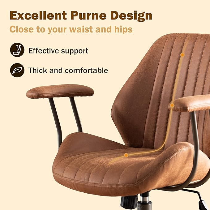 Home Office Desk Chair Adjustable Height, Ergonomic Executive Office Chair with Armrests, Rolling Comfy Desk Chair with Lumbar Support, Mid Century Modern Suede Leather, Brown
