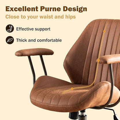 Home Office Desk Chair Adjustable Height, Ergonomic Executive Office Chair with Armrests, Rolling Comfy Desk Chair with Lumbar Support, Mid Century Modern Suede Leather, Brown