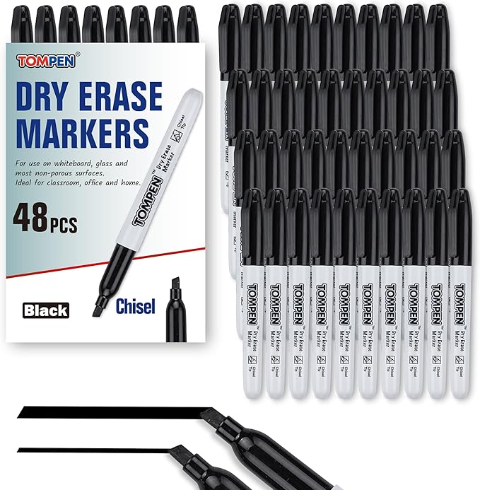 Dry Erase Markers Chisel Tip Black,48 Count Bulk,Erasable Whiteboard Markers with Low Odor Ink Quick-Drying for Calendar Boards Office Home School Writing Planning