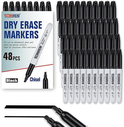 Dry Erase Markers Chisel Tip Black,48 Count Bulk,Erasable Whiteboard Markers with Low Odor Ink Quick-Drying for Calendar Boards Office Home School Writing Planning
