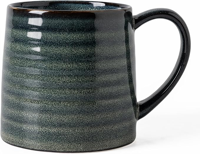 Ceramic Coffee mugs, 21 oz, Extra Large Mugs, Big Tea Cup, Large Handle, Pottery Mug, Big Belly, Transmutation Glaze，Wide Bottom, stripe pattern, Microwave & Dishwasher Safe. (Dark Green)