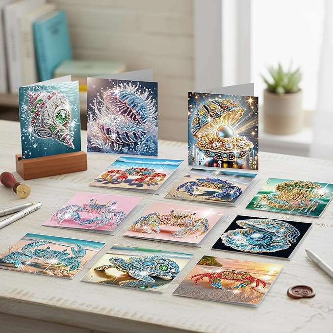 jinglinhh 12pcs Diamond Art Painting Beach Crab Seashell Conch Seaturtle Greeting Cards with Envelopes, DIY Card Making Kits for Adults, Diamond Art Postcards Christmas Cards Craft Gifts