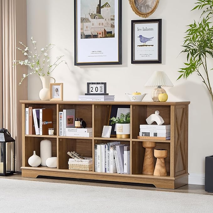 Book Shelf, 8 Cube Storage Organizer, 2-Tier Open Shelf Wooden Bookcase, Freestanding Wood Cube Storage Bookshelf for Bedroom, Living Room, Home Office (Natural Oak)