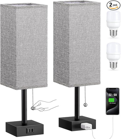 Grey Bedside Lamps for Bedroom Set of 2 - Small Nightstand Lamp with AC Outlet Charging Port, 3 Color Temperatures Rectangular Desk Light with Bulb, Tabletop Reading Lamp for Living Room/Dorm/Office