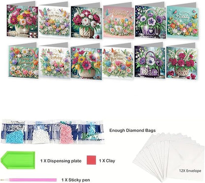 jinglinhh 12pcs Diamond Art Painting Flower Bouquet Handbag Greeting Cards with Envelopes, DIY Card Making Kits for Adults, Diamond Art Postcards Christmas Cards Craft Gifts