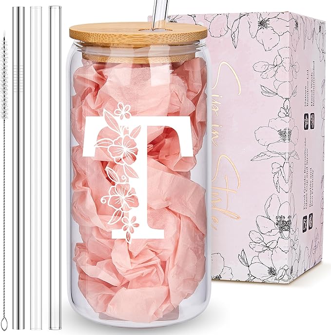 Personalized Tumbler, Monogrammed Can Glass Cups with Bamboo Lids and Straws, Customized Gifts for Women, Cute Design Initial Iced Coffee glasses, Custom Letter Mug, Birthday Bridesmaid, T