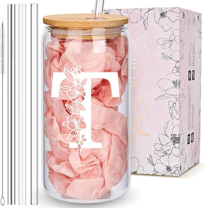 Personalized Tumbler, Monogrammed Can Glass Cups with Bamboo Lids and Straws, Customized Gifts for Women, Cute Design Initial Iced Coffee glasses, Custom Letter Mug, Birthday Bridesmaid, T