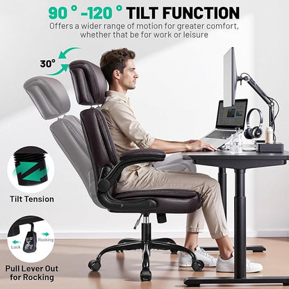 Office Chair, Ergonomic Desk Chair, Executive Leather Office Chairs with Lumbar Support, Adjustable Headrest & Armrests, Big and Tall Computer Chair, PC Chair with Rocking Function