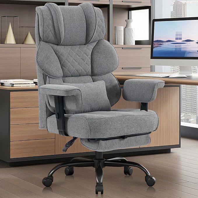Vonesse Big and Tall Office Chair, Computer Chair with Soft Adjustable Armrests, Ergonomic Gaming Chair with Breathable Linen Design, Executive Chairs with Footrest (Linen Fabric, Dark Gray)
