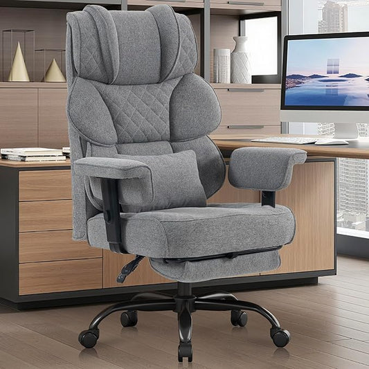 Vonesse Big and Tall Office Chair, Computer Chair with Soft Adjustable Armrests, Ergonomic Gaming Chair with Breathable Linen Design, Executive Chairs with Footrest (Linen Fabric, Dark Gray)