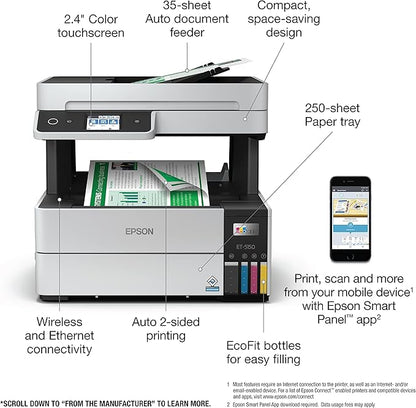 Epson EcoTank Pro ET-5150 Wireless Color All-in-One Supertank Printer with Scanner, Copier, Plus Auto Document Feeder, Large, White