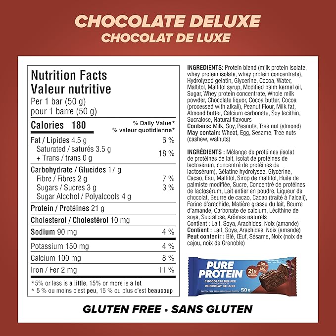 Pure Protein Gluten Free Chocolate Protein Bars, 50g, 6ct, 20g Protein Per Bar, Imported from Canada