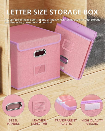 Oterri 2 Pack File Organizer Box,File Box,Small File Cabinet for Letter Folders,Pink Portable Filing Box,Hanging File Folder Organizer with Lid for Office/Decor/Home- without Folders