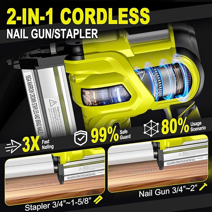 SILVEL 2" Cordless Brad Nailer, 2-in-1 21V Electric Brad Nailer with 2 * 2.0Ah Battery, 1000pcs Nails, 18GA Staples, Adjustable Depth for Woodworking, Home Improvement, Green