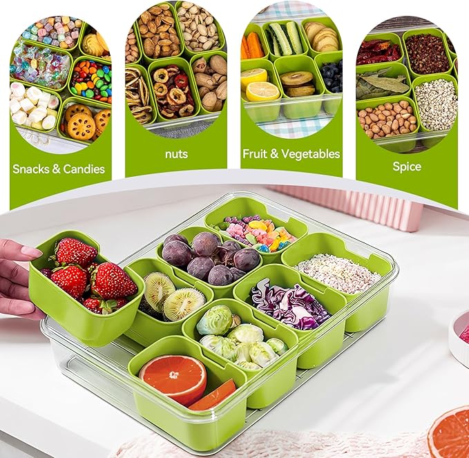 Snackle Box Container, Divided Serving Tray with Lid and Handl 8 Compartments Snacks Box,Candy Snack Fruit and Veggie Tray, Suitable for Picnics Trips Parties and Holidays