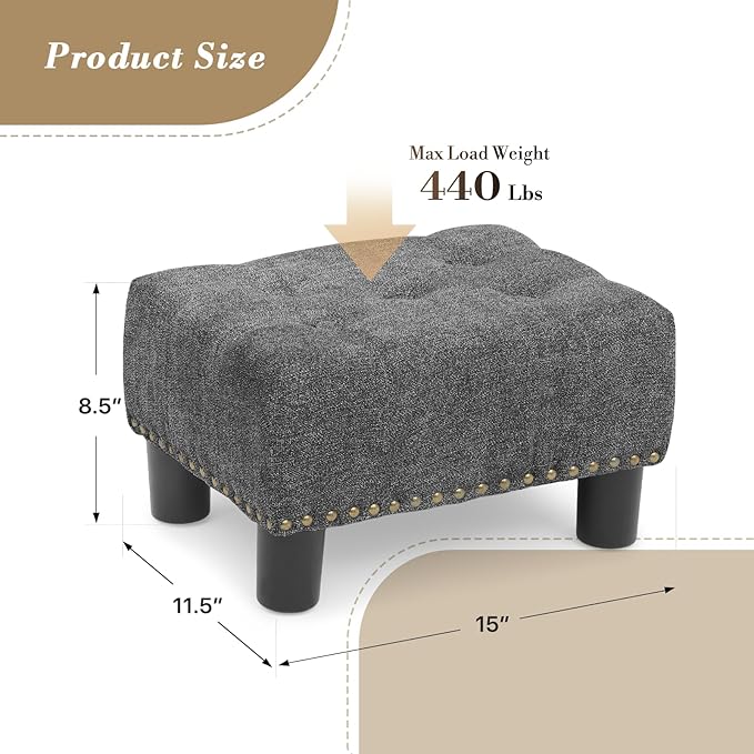 Athena Collection Small Foot Stool Ottoman with Storage, Rectangular Mini Ottoman with Legs Tufted Ottoman Foot Rest Stool Upholstered Ottoman Footstool with Nailhead Trim & Zipper, Dark Gray