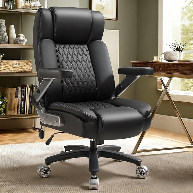 Big and Tall Office Chair 600lbs with 5D Flip Arms, Heavy Duty Executive Leather Office Chairs, Black Ergonomic Office Chair with Adjustable Lumbar Support & Pocket Spring Cushion, Dual Rubber Wheel