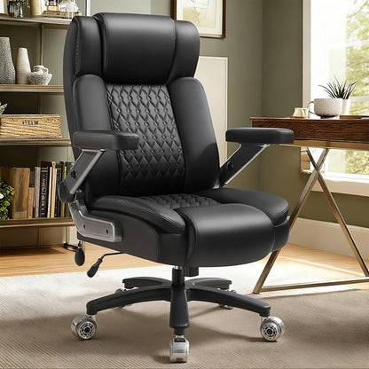 Big and Tall Office Chair 600lbs with 5D Flip Arms, Heavy Duty Executive Leather Office Chairs, Black Ergonomic Office Chair with Adjustable Lumbar Support & Pocket Spring Cushion, Dual Rubber Wheel