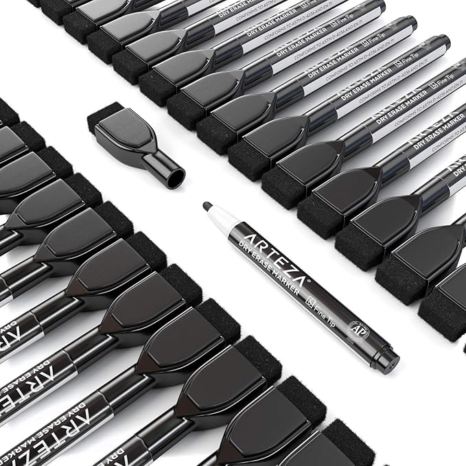 ARTEZA Black Dry Erase Markers with Erasers – Pack of 36 Magnetic Fine Tip Whiteboard Pens with Low-Odor Ink for School, Office & Home Use