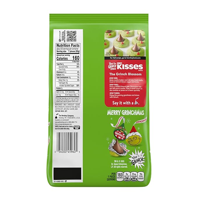 HERSHEY'S KISSES Grinch Milk Chocolate, Christmas Candy Bulk Bag, 33.85 oz