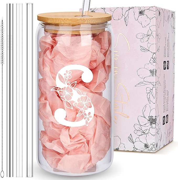 Personalized Tumbler, Monogrammed Can Glass Cups with Bamboo Lids and Straws, Customized Gifts for Women, Cute Design Initial Iced Coffee glasses, Custom Letter Mug, Birthday Bridesmaid, S
