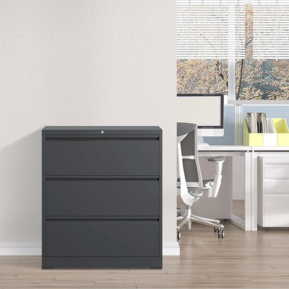 Lateral File Cabinet with 3 Drawer Heavy Duty Large Metal File Cabinets with Lock Home Office Black Filing Cabinets Wide Steel Cabinet for Legal/Letter Size File,Assembly Required