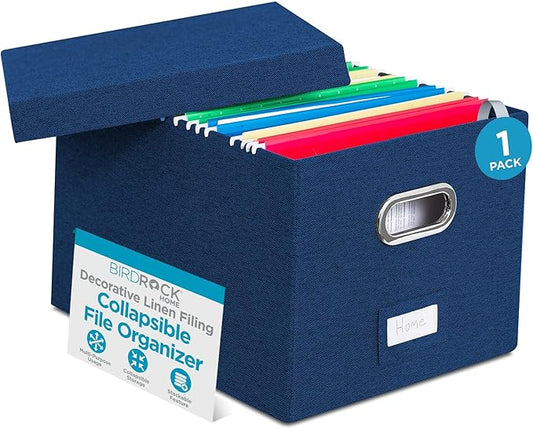 Internet's Best Collapsible File Storage Organizer - Decorative Linen Filing & Storage Office Box - Letter/Legal - Navy - 1 Pack