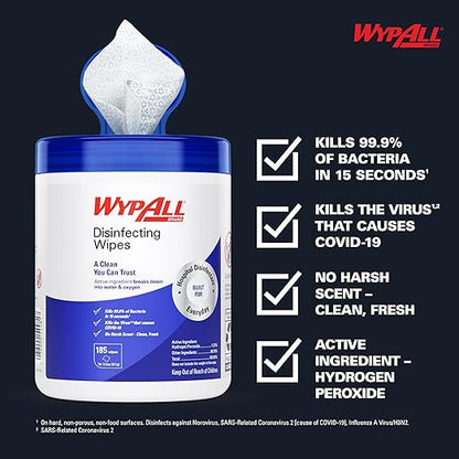 WypAll Disinfecting Wipes (54481), with Hydrogen Peroxide Disinfectant Cleaner for Commercial, Industrial & Healthcare, 5.75 x 7 inch Sheets, Fresh Scent (3 Canisters of 185 Sheets)