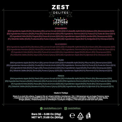 Fruit Snacks by Zest Delites, Fruit Leather, Healthy Snacks for Adults & Kids, Vegan Apple-Based Strips, Dried Strawberry-Peach-Blackberry-Plum Bars, 0.88 oz x 36