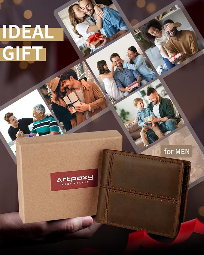 Mens Wallet Bifold Genuine Leather RFID Blocking Wallet for Men with 2 ID Windows 12 Card Holders 2 cash pockets 1 Gift Box