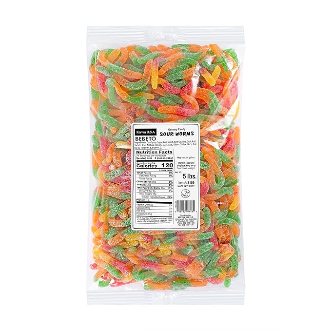 Kervan Candy Bebeto Sour Worm Gummies - Fruity & Soft Gummy Candy Bulk for Kids, Gift Snacks and Parties - Sour Gummy Worms Party Size Bag (5 lbs)