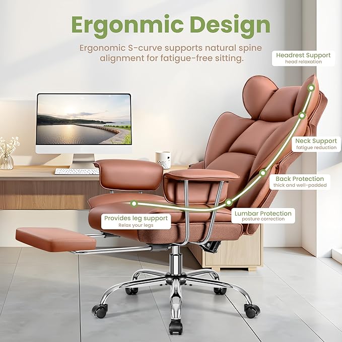 Office Chair 400LBS, Executive Chair High Back Adjustable Managerial Home Desk Chair with Footrest, Big and Tall Office Chairs with Lumbar Support, Brown