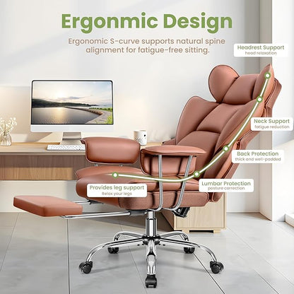 Office Chair 400LBS, Executive Chair High Back Adjustable Managerial Home Desk Chair with Footrest, Big and Tall Office Chairs with Lumbar Support, Brown