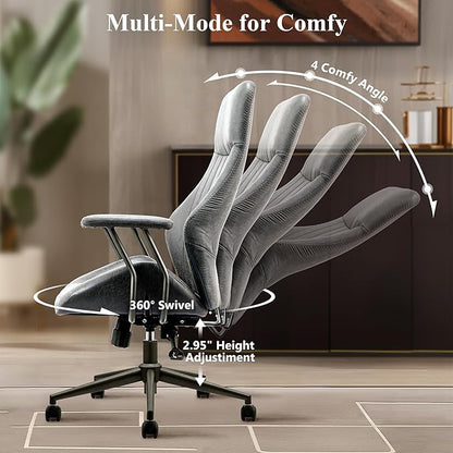 Mid Century Modren Office Chair,High Back Ergonomic Executive Chair with Lumbar Support, Computer Desk Swivel Task Chair with Wheels, Faux Lether Suede Fabric Home Chair (High Back, Grey)