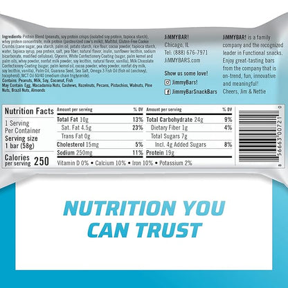 JiMMYBAR! - Cookies N Cream Protein Bars 19g Protein Bar - 7g Low Sugar - 12 Count - 58g Health Bars - Functional Snack with Real Food Ingredients - Hand-Drizzled Chocolate - Made With Real Peanuts