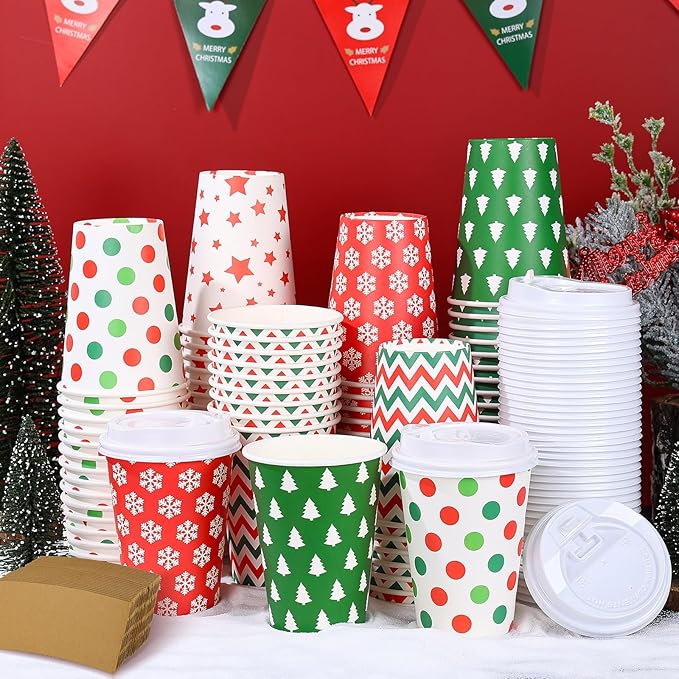 300 Pcs/100 Sets Christmas Coffee Cups with Lids and Sleeves 12 oz Disposable Christmas Paper Cups Party Drinking Cups for Hot and Cold Drinks Chocolate Coffee Tea Beverage Bar Supplies (Simple)