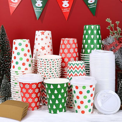 300 Pcs/100 Sets Christmas Coffee Cups with Lids and Sleeves 12 oz Disposable Christmas Paper Cups Party Drinking Cups for Hot and Cold Drinks Chocolate Coffee Tea Beverage Bar Supplies (Simple)