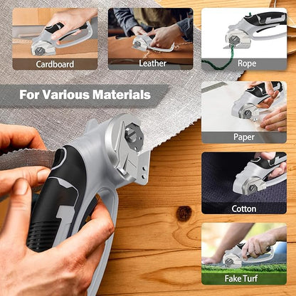 Cordless Electric Scissors, 4V Box Cutter & Cardboard Cutter with 2 Titanium Blades - Rotary Cutter with LED Light for Fabric, Leather, Carpet, Plastic, Crafting + Storage Case (Grey)