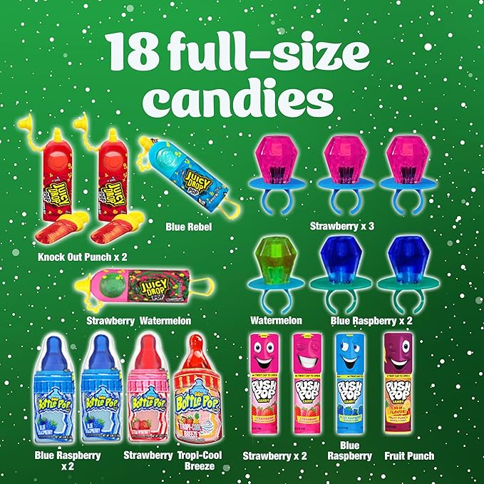 Christmas Candy Variety Pack, 18Ct Assorted Lollipops, Bulk Individually Wrapped Ring Pop, Push Pop, Baby Bottle Pop & Juicy Drop, Birthday Party Favors, Stocking Stuffers, Candy Bowls, Kids Gifts