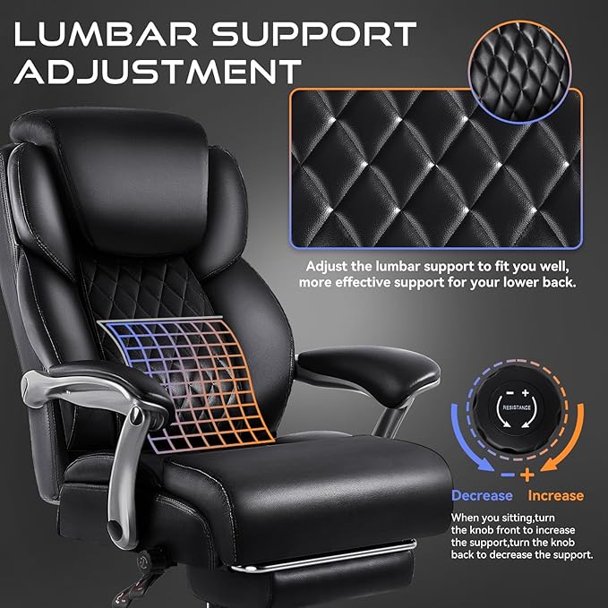 OFIKA 600lbs Big and Tall Office Chair with Foot Rest and Lifting Headrest,Large Heavy Duty Chair with Adjustable Lumber Support,Executive Office Chair,Leather Chair for Heavy People (Black)