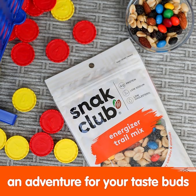 Snak Club Energizer Trail Mix with Roasted Salted Peanuts, Raisins, Chocolatey Candies, Roasted Almonds, Gluten-Free and Kosher Snack, 6.75 oz Resealable Bags, 6 Pack
