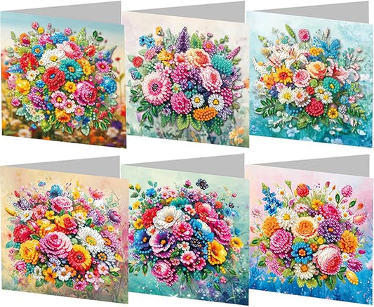 6PCS Diamond Art Painting Greeting Cards,Happy Birthday Cards with Envelopes,DIY Card Making Kits Thank You Card Arts Crafts for Birthday(Flower)