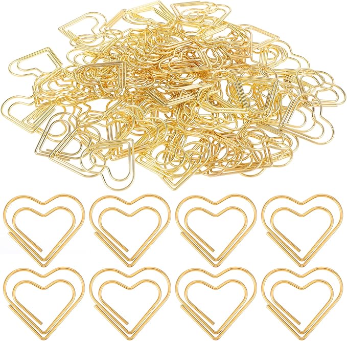 100Pcs Gold Heart Paper Clips Cute Small Paperclips for Funny Heart Clips Kids Office Supplies Paper Clamps Wedding Decoration Crafts Scrapbooking Women Document Note Sorting Organizing Paperclips